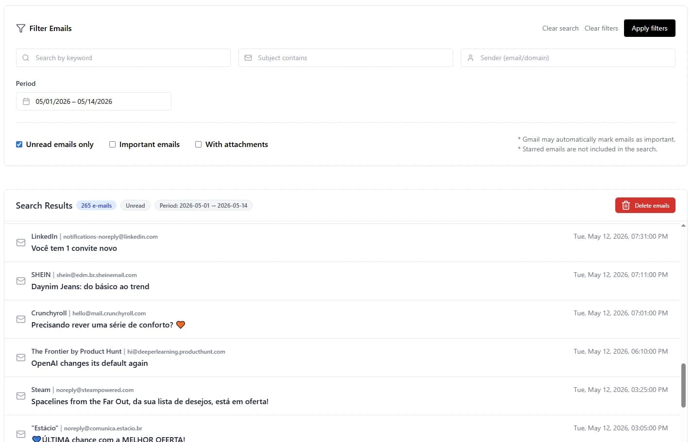 Filtro por data no Deleteazy para deletar e-mails antigos do Gmail