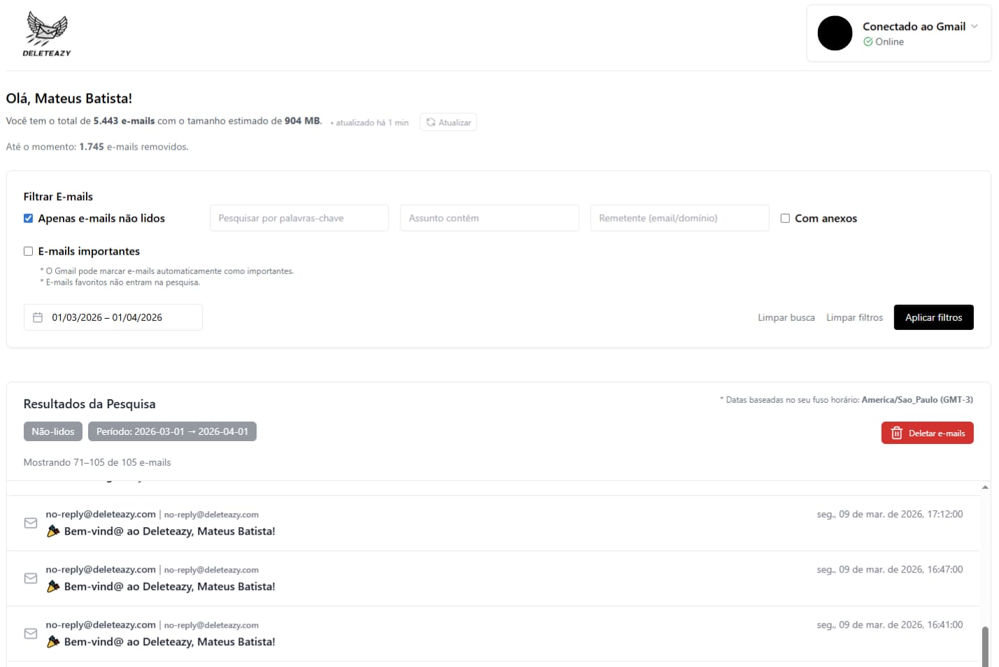 Filtro por data no Deleteazy para deletar e-mails antigos do Gmail
