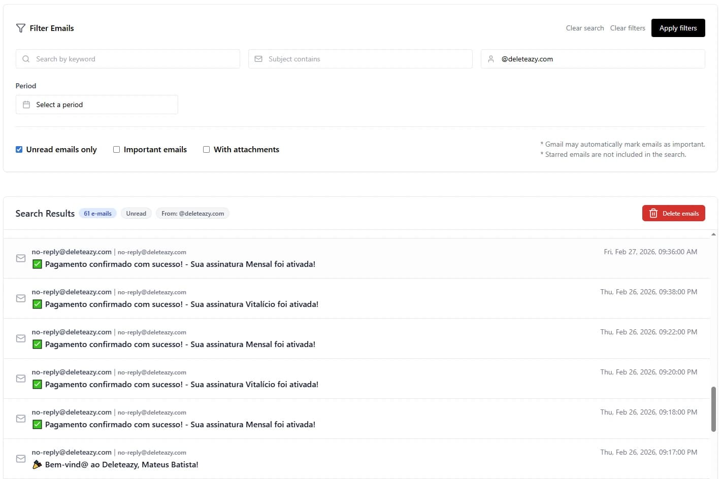 Filtro por remetente no Deleteazy para deletar todos os e-mails de um contato específico