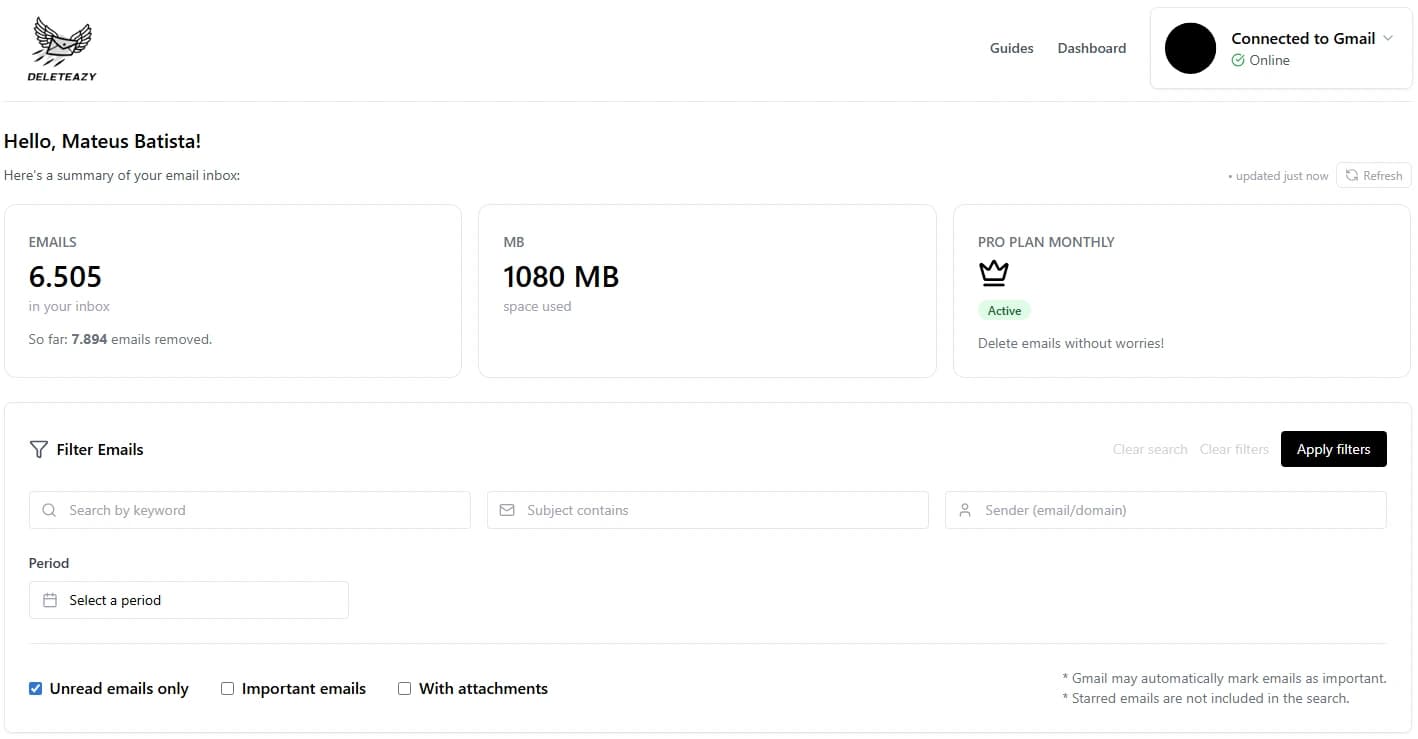 Painel de filtros do Deleteazy para selecionar e-mails por remetente, assunto e data